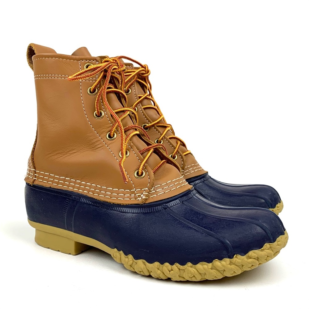 LL Bean Duck Boots 8” Lace Up Tan Leather Navy Winter Outdoors Size 8 N